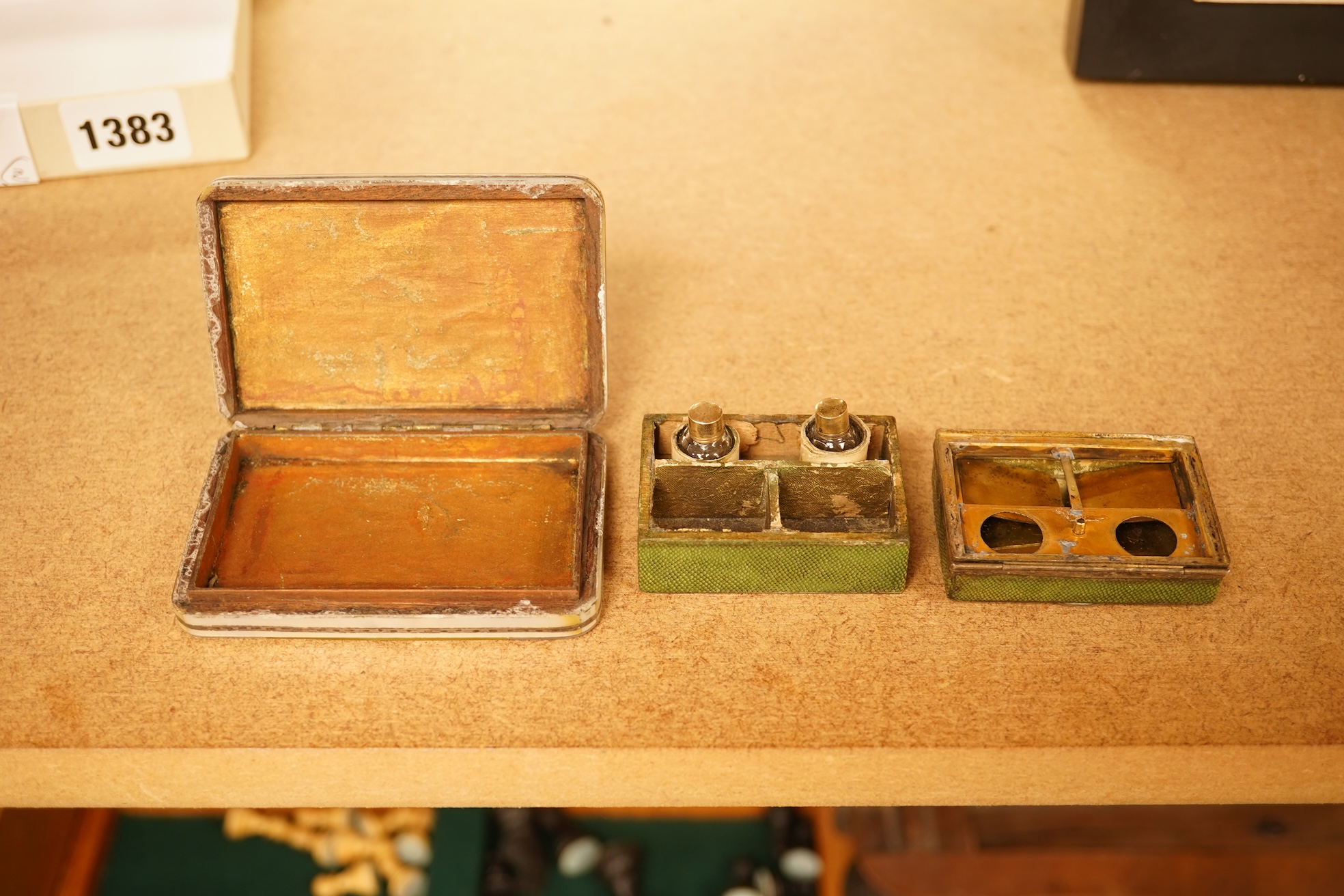 A French silver and shagreen perfume box, portrait miniature on ivory and an early 19th century mother of pearl box (2), shagreen box 5.5cm wide x 4cm deep x 3cm high Ivory Submission reference 96LR94PU